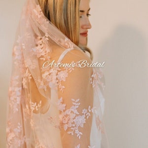 Inez light Pink Veil - Embroidered  Veil, Floral Veil, Cathedral Veil, Chapel Veil, Unique Wedding Veil, Flower Veil
