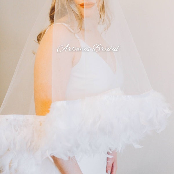 Chloe Veil - Feather Veil, Cathedral Wedding Veil, Tulle Veil with Feather Trim, Drop Veil, Luxury Wedding Veil