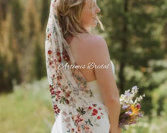 Rachel - Embroidered Veil with Light Tan Mesh, Floral Veil, Cathedral Veil, Wildflower Veil, Chapel Veil, Fingertip Veil, Colorful Veil