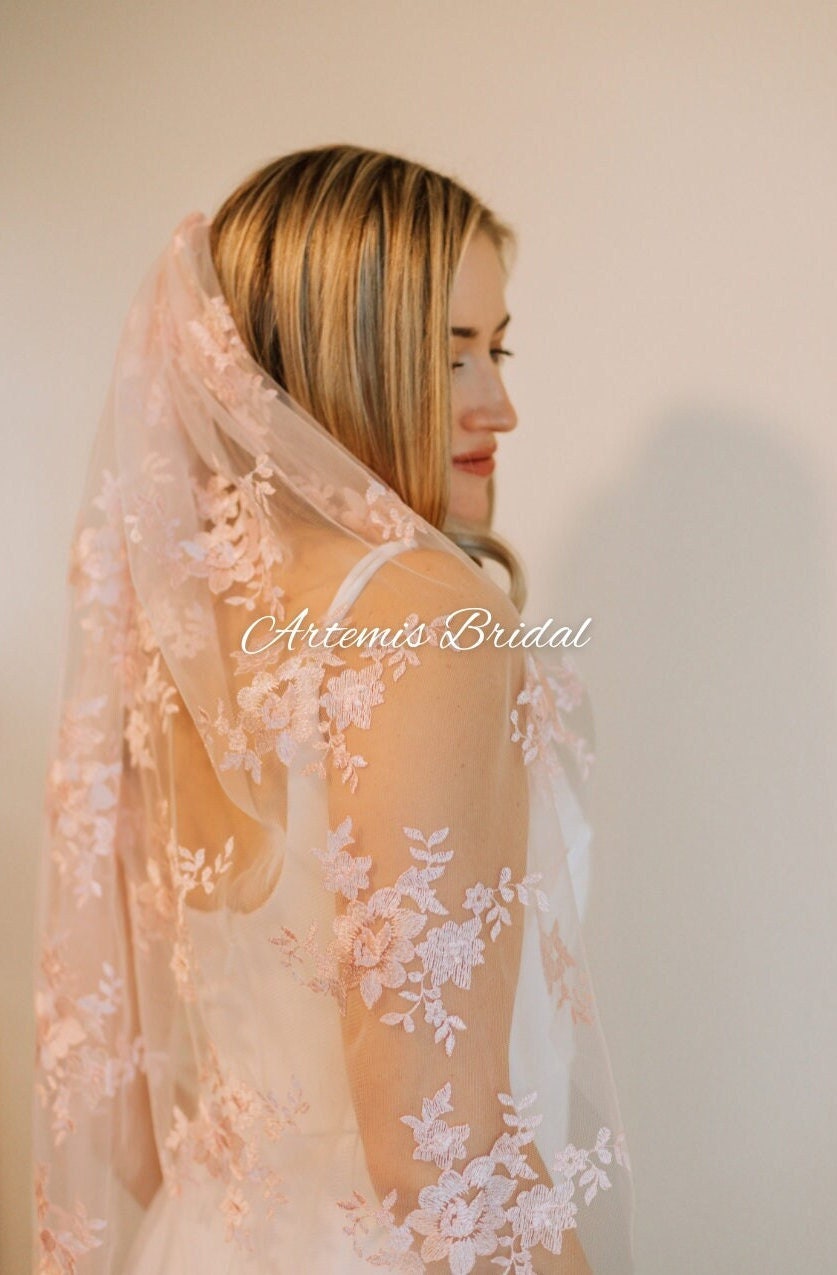 Inez light Pink Veil - Embroidered  Veil, Floral Veil, Cathedral Veil, Chapel Veil, Unique Wedding Veil, Flower Veil