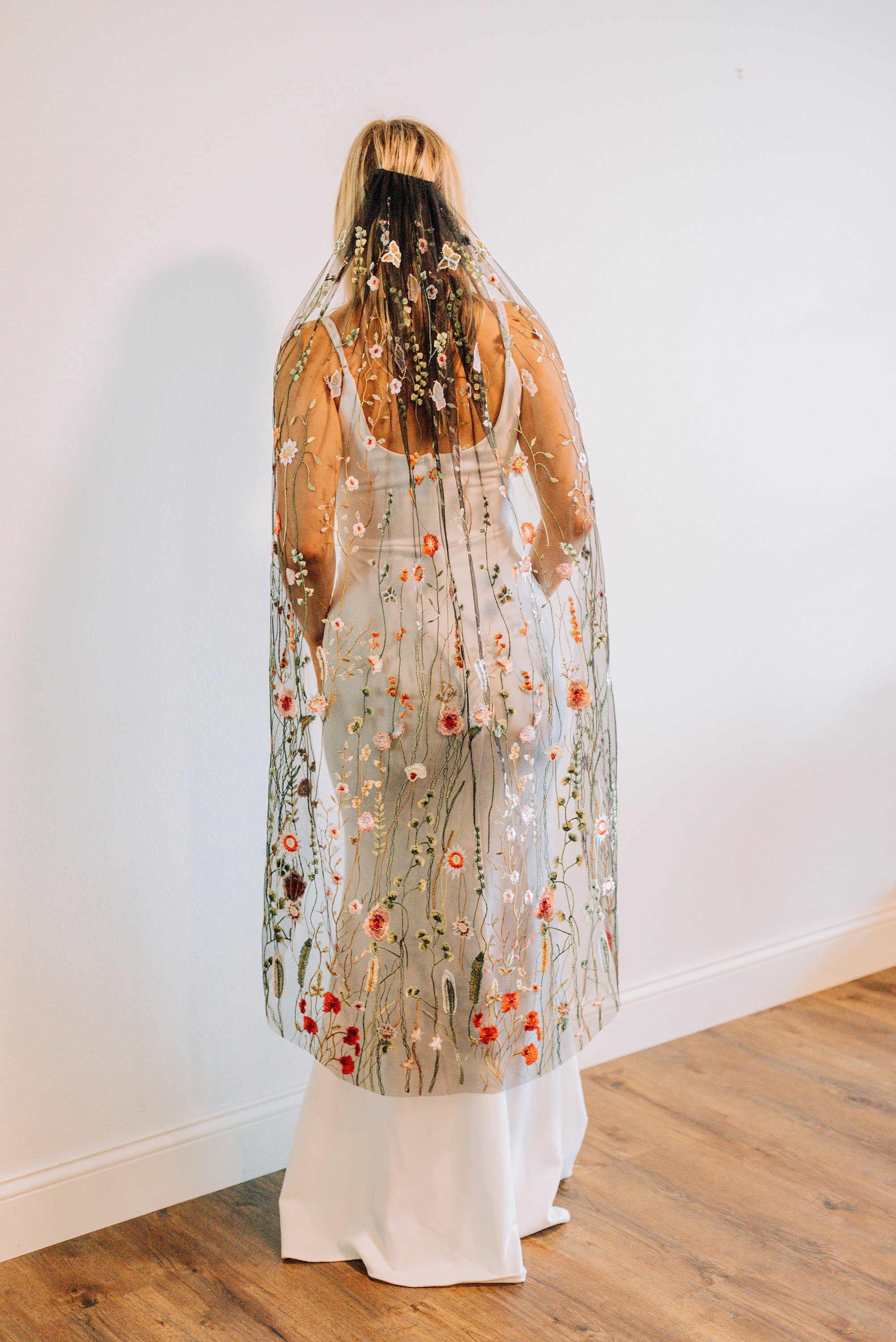 Embroidered and nearly 40 plus inches of veil in black and colorful flowers ? Wildflowers Hand-Painted Cathedral Veil – Nymf by Collette main image 3