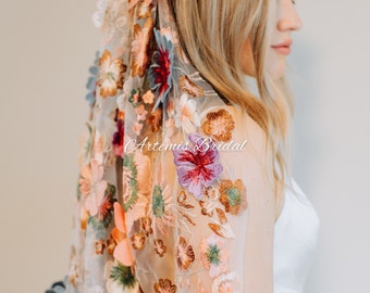 Gabrielle Veil - Allover Lace Veil Floral Veil Flower Veil Embroidered Veil 3D Flower Veil  - The Sabrina Veil