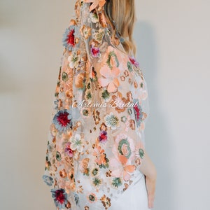 Gabrielle - Colorful Veil, Lace Veil, Cathedral Veil, Floral Veil, Boho Veil, Embroidered Veil, Rainbow Veil, Elopement Veil