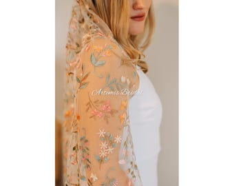 Marjorie - Embroidered Veil, Floral Veil, Cathedral Veil, Wildflower Veil, Chapel Veil, Fingertip Veil, Colorful Veil