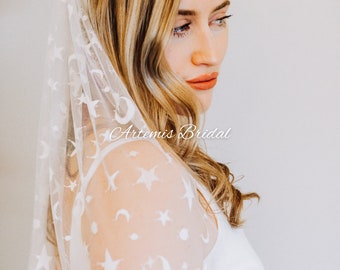 Star Wedding Veil: Embroidered Moon & Stars, Celestial Bridal Veil