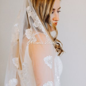 Savannah Embroidered Floral Wedding Veil: Sequined Tulle Fingertip Veil