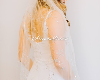 Embroidered Star Wedding Veil: Celestial Astrology Sequined Tulle