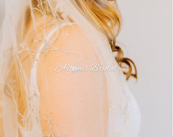 Embroidered Star Wedding Veil: Celestial Moon & Stars, Sequined Tulle