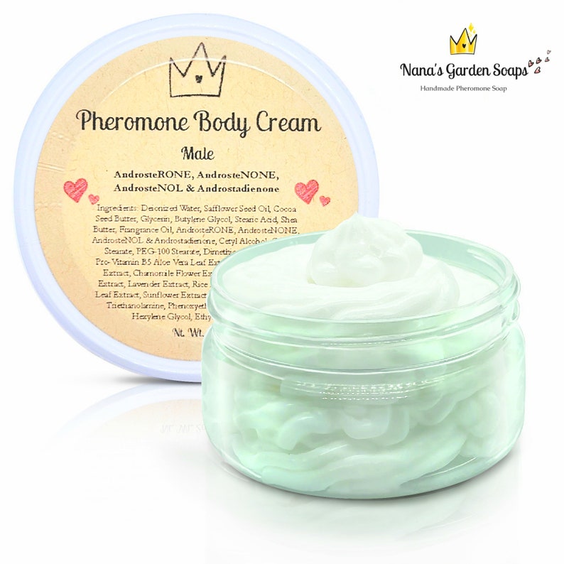 May include: A white jar with a green lid filled with a white cream. The jar is labeled "Pheromone Body Cream Male" and lists ingredients including AndrosteRONE, AndrosteNONE, AndrosteNOL & Androstadienone.