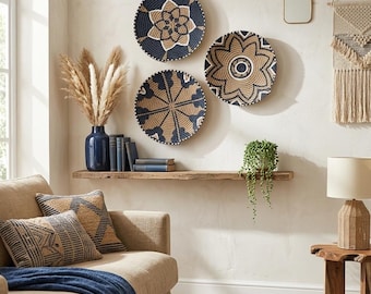 Juego de cestas de pared tejidas estilo boho: decoración boho africana
