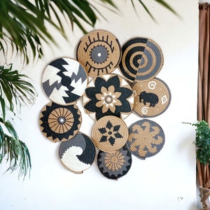 set of 10 basket wall decor,boho wall decor,wicker round bowl,wicker wall tray, bohemian wall decor, hanger wall plate, africa baskets