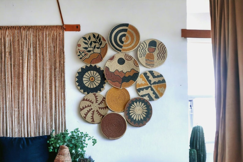 Set of 10 wicker bohemian wall plates,wall art,wall decor,gift for mother's day,african basket plates, boho wall basket decor,jute decor