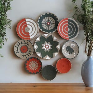 set of 9 boho wall basket plate, wicker wall decor, african baskets, wall hangings, bohemian wall basket decor, decorative wall hangings