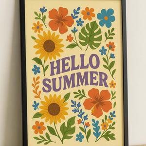 Hello Summer Floral Print: Retro Botanical Wall Art (Digital Download A4/PDF/JPG