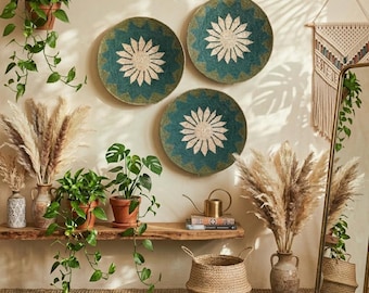 Set van 3 groene muurmanden, boho wanddecoratie, geweven muurkunst, decoratieve wandborden