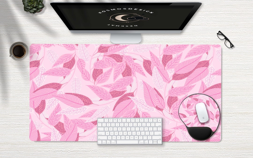 Pink Leaves Desk Mat, Pink Desk Mat, Cute Desk Mat, Desk Pad Cute, Pink