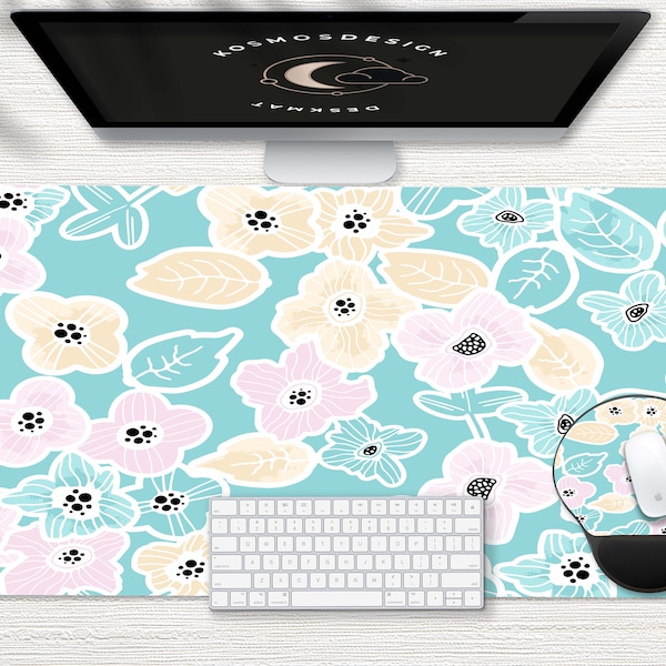 Turquoise Floral Desk Mat, Flowers Desk Mat, Blue Desk Mat, Office Desk Accessories, Computer Desk Mat, Gaming Mouse Pad, Cute Desk Pad