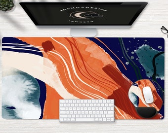 Orange and Blue Watercolor Desk Mat, Colorful Boho Desk Mat, Blue Desk Mat, Cute Desk Pad, Gaming Desk Mat, Large Mouse Pad, Keyboard Mat