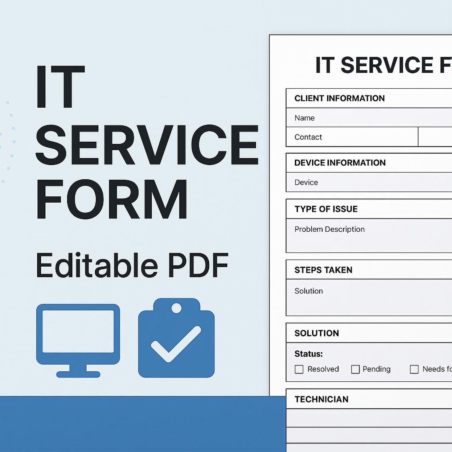 IT Service Form | Editable & Printable PDF | Tech Support Log | Client ...