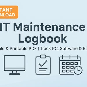 Puede incluir: Una ilustración en blanco y negro de un libro de registro de mantenimiento de TI con iconos para una computadora, una lista de verificación y un calendario. El texto "IT Maintenance Logbook" está en letras grandes y negritas. El texto "Editable & Printable PDF | Track PC, Software & Backups" está debajo del título.