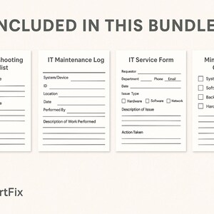 May include: Four printable checklists for IT professionals. The checklists include: PC Troubleshooting Checklist, IT Maintenance Log, IT Service Form, and Mini Tech Audit Checklist. The checklists are black and white and have checkboxes and lines for writing.