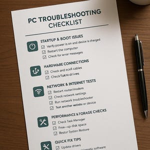 以下が含まれることがあります： コンピューターの問題を解決するためのチェックリスト。チェックリストには、起動とブートの問題、ハードウェア接続、ネットワークとインターネットのテスト、パフォーマンスとストレージのチェック、迅速な修正のヒントが含まれています。