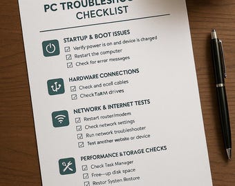 PC Troubleshooting Checklist | Computer Repair Printable PDF | IT Support Diagnostic Sheet