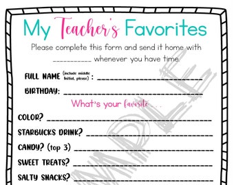 Teacher's Favorite Things Questionnaire - Back to School - Instant Download - Printable