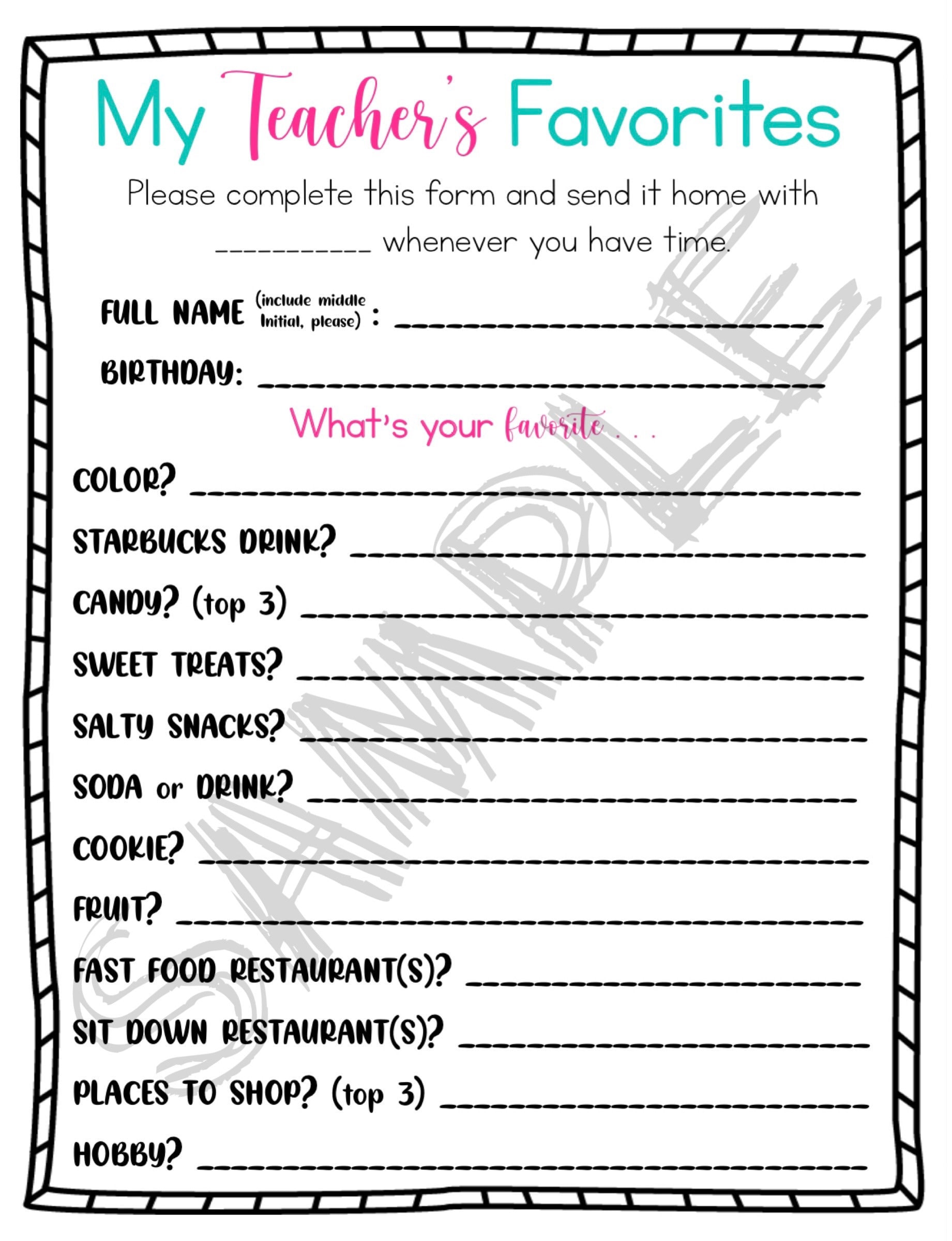 Teacher's Favorite Things Questionnaire Back to School Instant Download ...