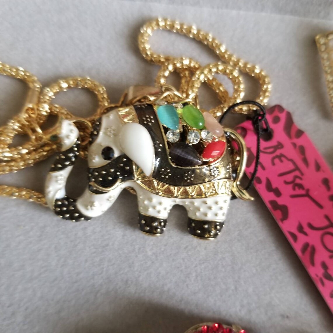 Gold rhinestone elephant charm necklace Betsey Johnson boho Etsy