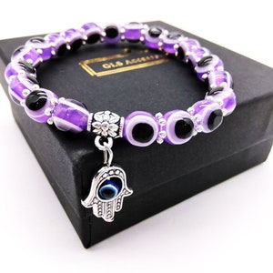 Turkish Evil Eye Bead Bracelet Purple - Mal de Ojo - Hamsa Stretch Bracelet Hand of Fatima Good Luck & Protection