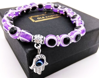 Turkish Evil Eye Bead Bracelet Purple - Mal de Ojo - Hamsa Stretch Bracelet Hand of Fatima Good Luck & Protection