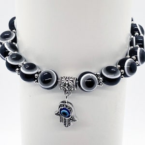 Turkish Evil Eye Bead Bracelet Black - Mal de Ojo - Hamsa Stretch Bracelet Hand of Fatima Good Luck & Protection