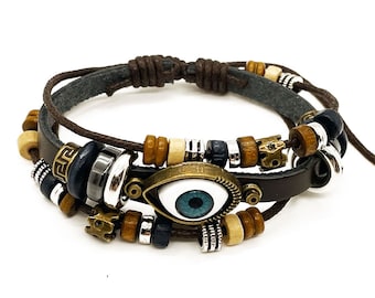 Unisex Fashion Jewelry High Quality Leather Turkish Evil Eye Bracelet (Adjustable)
