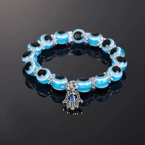 Turkish Light Blue Evil Eye Bead Bracelet - Mal de Ojo - Hamsa Stretch Bracelet Hand of Fatima Good Luck & Protection