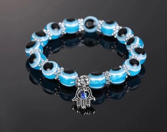 Turkish Light Blue Evil Eye Bead Bracelet - Mal de Ojo - Hamsa Stretch Bracelet Hand of Fatima Good Luck & Protection