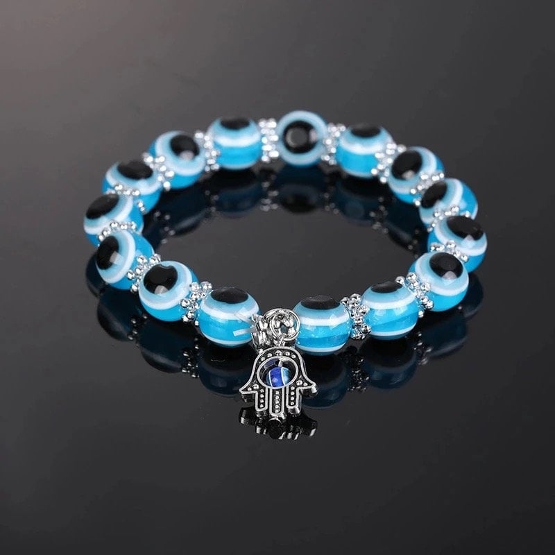 Light Blue Evil Eye Bead Bracelet: Hamsa Hand Good Luck Charm