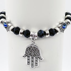 Turkish Evil Eye Bead Bracelet Black - Mal de Ojo - Hamsa Stretch Bracelet Hand of Fatima Good Luck & Protection