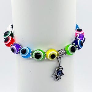 Turkish Evil Eye Bead Bracelet Assorted Rainbow - Mal de Ojo - Hamsa Stretch Bracelet Hand of Fatima Good Luck & Protection