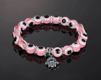 Turkish Pink Evil Eye Bead Bracelet - Mal de Ojo - Hamsa Stretch Bracelet Hand of Fatima Good Luck & Protection