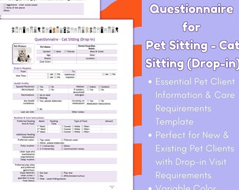 Cat Sitting Client Questionnaire, Cat Care Instructions, Pet Sitting Intake Form (PDF Download) - Designed for sitters