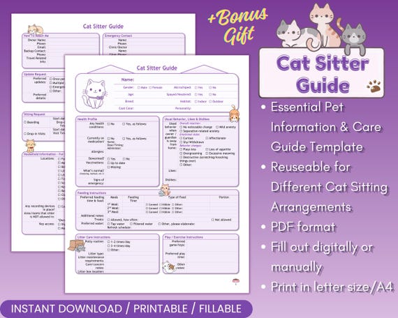 Cat Sitter Guide Pet Sitter Notes Cat Sitting Guide Holiday Cat