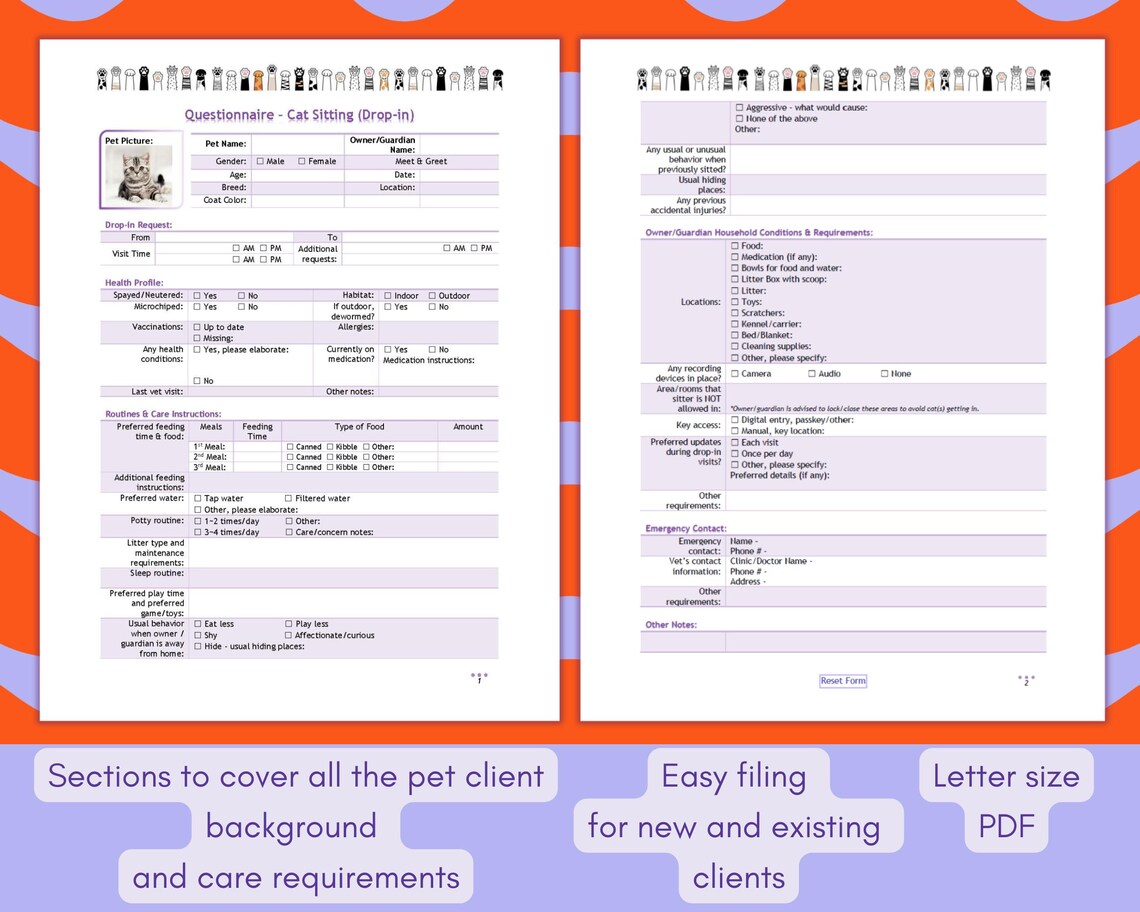 Cat Sitting Client Questionnaire, Cat Care Instructions, Pet Sitting ...