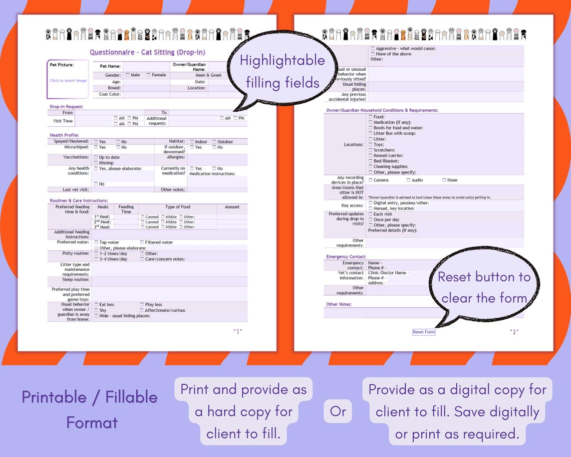 Cat Sitting Client Questionnaire, Cat Care Instructions, Pet Sitting ...