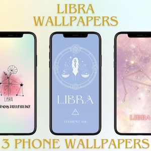 Może przedstawiać: Trzy tapety na telefon z zodiakalnym znakiem Wagi. Pierwsza tapeta to jasnoróżowy i niebieski gradient ze stylizowanym symbolem Wagi i tekstem "SEEK HARMONY. RADIATE BALANCE". Druga tapeta to jasnoniebieskie tło z kółkiem zawierającym symbol Wagi i tekstem "LIBRA A ELEMENT AIR". Trzecia tapeta to jasnoróżowy i fioletowy gradient ze stylizowanym symbolem Wagi i tekstem "LIBRA".