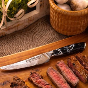 Damascus Steak Knife Set – VG10 Stainless Steel, Full Tang, G10 Handles – Premium Dining Cutlery by Excaliblades