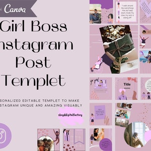 Könnte beinhalten: Eine rosa und lila Instagram-Post-Vorlage mit dem Text "Girl Boss Instagram Post Templet" und "15 personalisierte, bearbeitbare Vorlagen, um deinen Instagram-Feed einzigartig und visuell beeindruckend zu gestalten". Die Vorlage enthält Bilder von Frauen und Textfelder zum Hinzufügen von Text.
