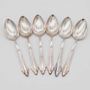 Può includere: Sei cucchiai d'argento con manici decorati. I cucchiai hanno un design decorativo sul manico e una ciotola arrotondata.