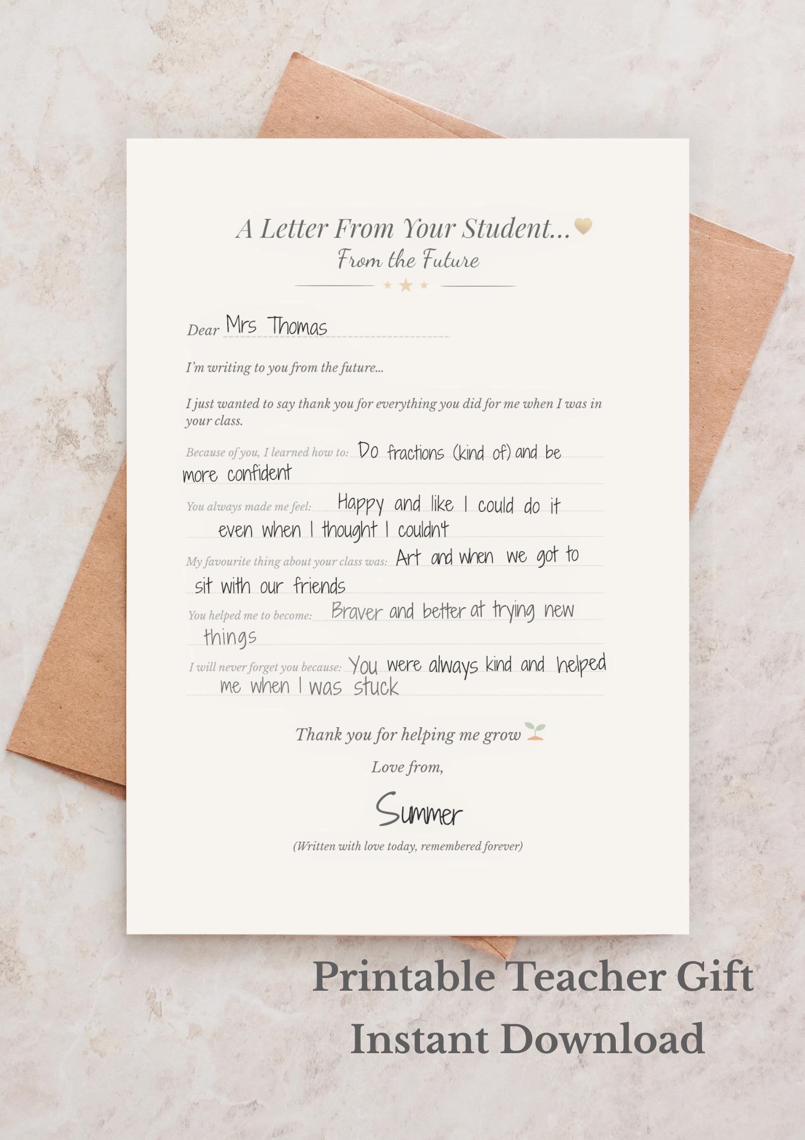Teacher Thank You Printable Gift | Letter From Student | End of Year ...