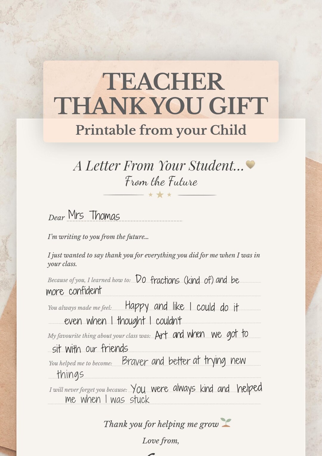 Teacher Thank You Printable Gift | Letter From Student | End of Year ...